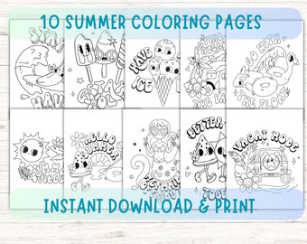 Fun Summer Coloring Pages, Printable Activity For Kids and Adults, Kawaii Style, Retro, Mermaid, Summer Party PDF, Beach Coloring Sheets