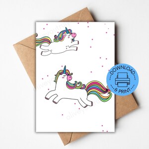 Cartão de unicórnio divertido, multiuso para impressão, todas as ocasiões, unicórnios arco-íris, cartão de aniversário, obrigado, imprimir em casa, lindos unicórnios felizes, 5x7