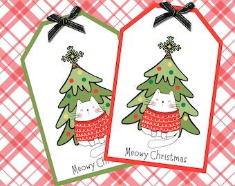 Instant Download Christmas Tags, Meowy Christmas Party Favor, Holiday Cat Treat Tags, Gift Tags, Cute Candy Labels, Name Tags,Cat Lover Gift