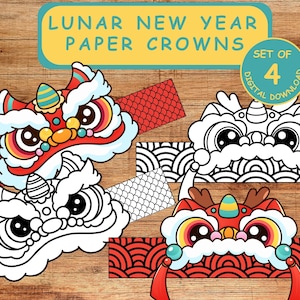 Corona del capodanno lunare, cappello di carta della danza del leone cinese, attività divertente per bambini, pagina da colorare, anno del drago, progetto di classe, 4 design