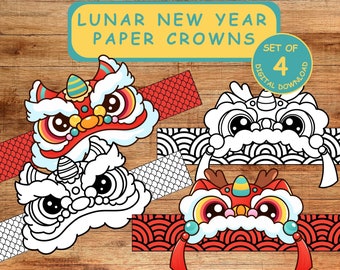 Lunar New Year Crown, Chinese Lion Dance Paper Hat, Fun Kids Activity, Coloring Page, Year of the Dragon, Classroom Project, 4 Designs