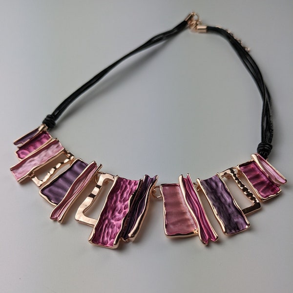 Real leather necklace nickel-free enamelled futuristic bars pink violet rose gold with extension
