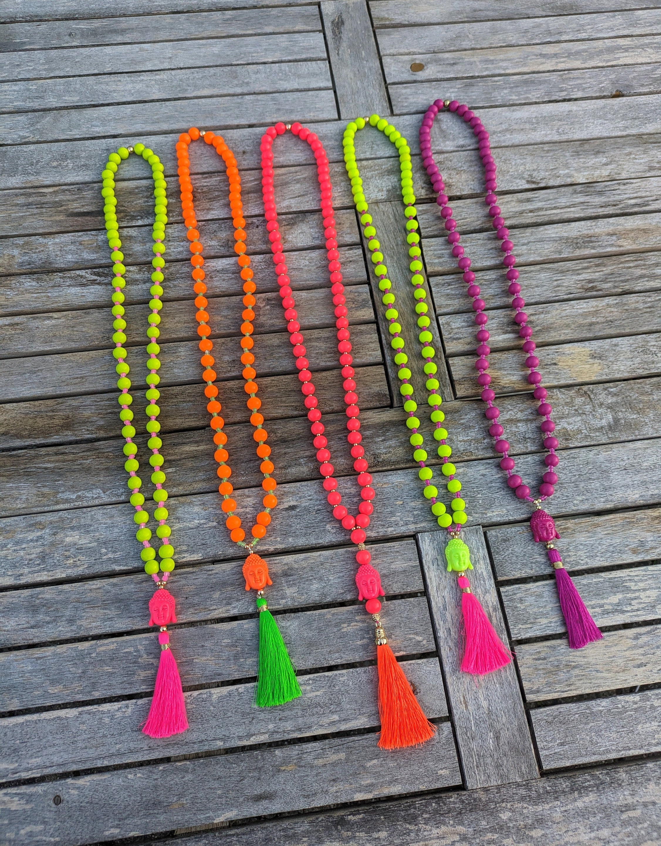 Buddha necklace long neon wooden beads tassel