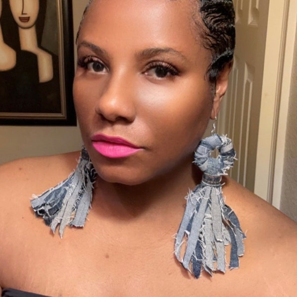 Frayed Denim Wrapped Tassel Earrings