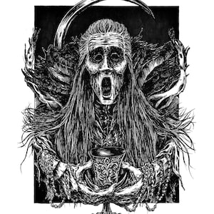 Può includere: Un'illustrazione in bianco e nero di una donna con i capelli lunghi che tiene un calice. Indossa una lunga tunica fluida e ha un'espressione inquietante sul viso.