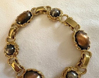 Vintage Gold Tone Bracelet Brown Gray Cabochon Link Bracelet