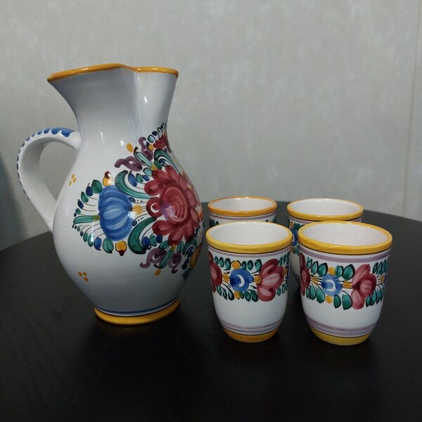 Slovak Modra Keramika Pottery Red Clay Vase / Pitcher and  4 Cups - Signed - 8" Tall