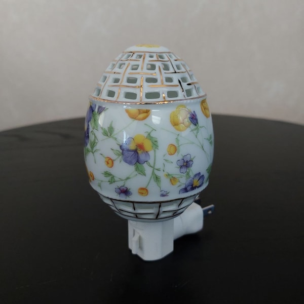 Goya Porcelain Easter Egg Plug in Night Light, Quality Porcelain Oval Shaped Gold Accents Plug in Light, Pansy Outlet Light, Gift for Her