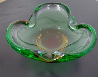 Vintage 1970s Murano Art Glass Sommerso Green Amber Ashtray/Dish