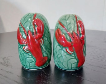 Vintage Hand Painted Lobster and Leaf Ceramic Salt & Pepper Shakers Made in Japan 1950