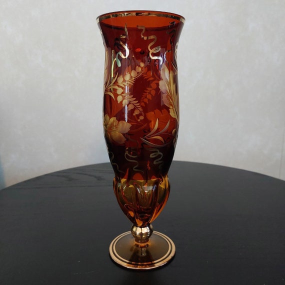 BOHEMIA GLASS エッチング装飾 花瓶 BOHEMIA GLASS エッチング装飾 花瓶 ヴィンテージの琥珀色のボヘミアン