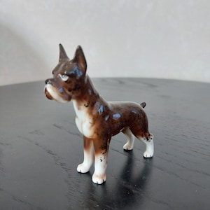 Vintage Porcelain Boxer Dog Figurine, Dark Brown with White Chest and Socks Boxer Dog, Made in Japan, 3.25&quot; Highly Detailed Figurine