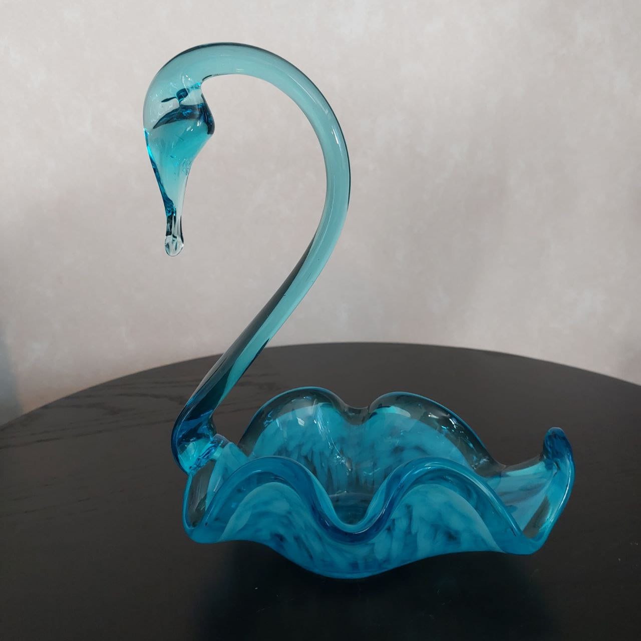 Vintage MCM LARGE Hand Blown Glass Swan Dish Aqua Blue White