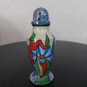 Lusterware Sugar Shaker Muffineer, Made in Japan Art Deco Yellow/Blue Hand Painted Shaker