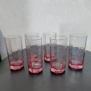 VINTAGE SET of 6 - Libbey Facets Pink Glasses Tall Tumblers - Ice Tea - Textured Octagon 1980s