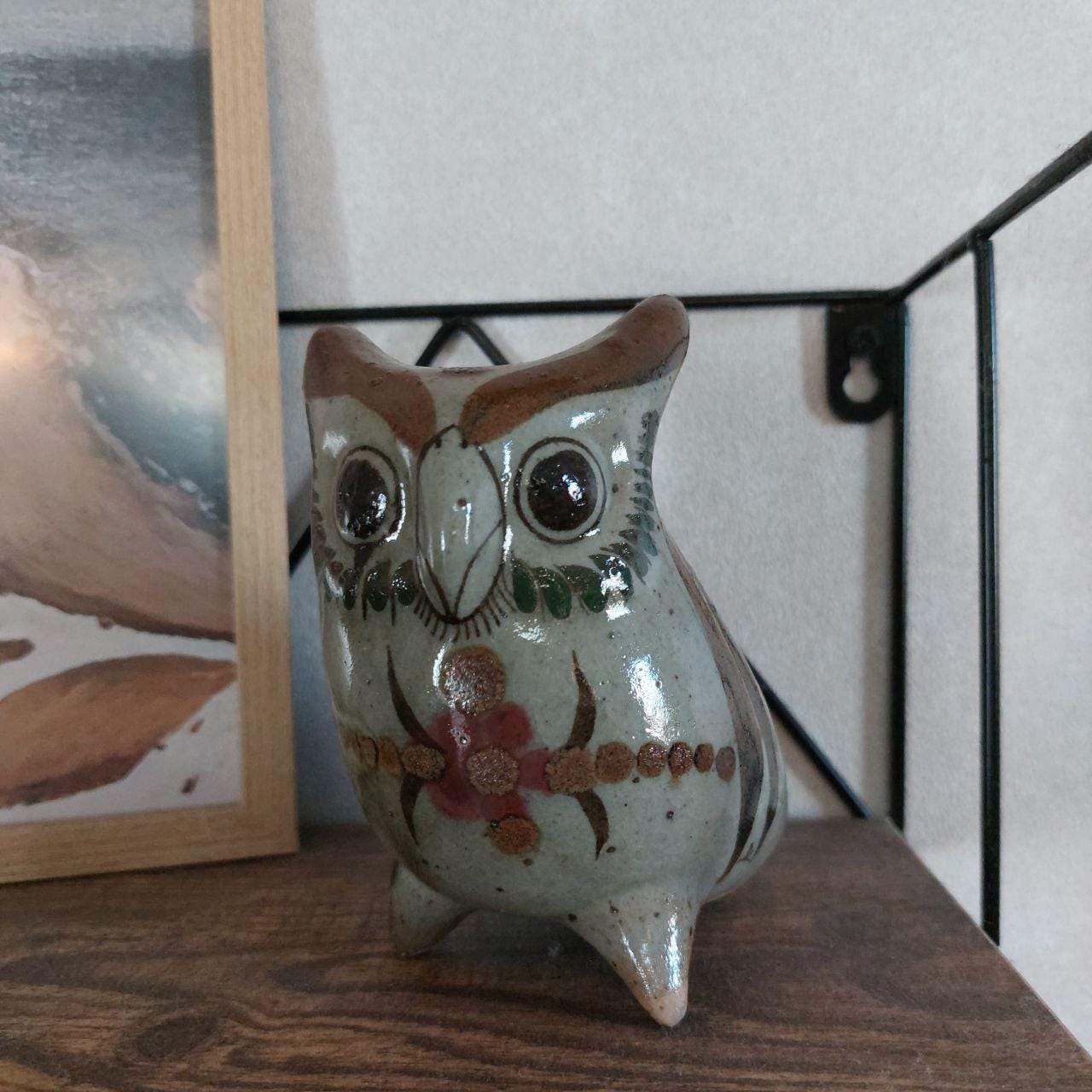 Vintage Hand Painted Tonala Pottery Horned Owl: Signed Jorge Wilmot (1928-2012) Mexican Pottery Horn