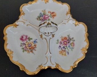 Vintage Reichenbach Porcelain Factory German Democratic Republic Floral And Gold Gilt Handled Divided Serving Dish Tray 7.5" Rare Size