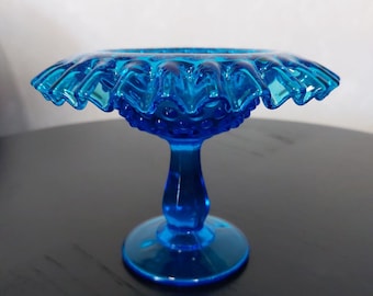 Vintage Fenton Colonial Blue Hobnail Pedestal Dish, Crimped Ruffle Edge, Art Glass Compote Fruit, Fairy Lamp Base, Collectible Gift Idea
