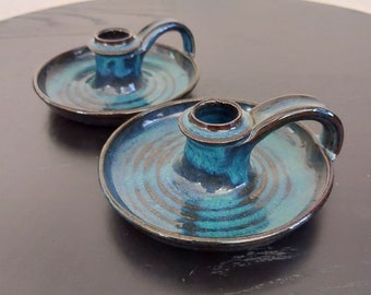 Handmade Pottery Candle Holders with Handle 2 Toned Glazed - SET OF 2