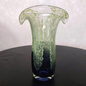 Murano Style Hand Blown Lime Green Spotted and Cobalt Blue Glass Vase 7&quot; Tall