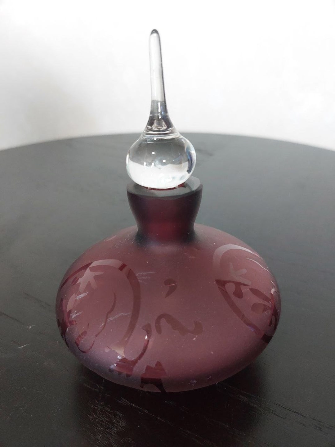 Vintage Frosted Glass Perfume Bottle Burgundy Colored Etched Glass vintage-frosted-glass-perfume-bottle-burgundy-colored-etched-glass