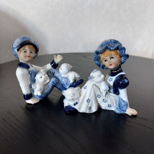 Vintage Japan Porcelain and Bisque Figurines, 1930s, Boy and Girl with Puppies