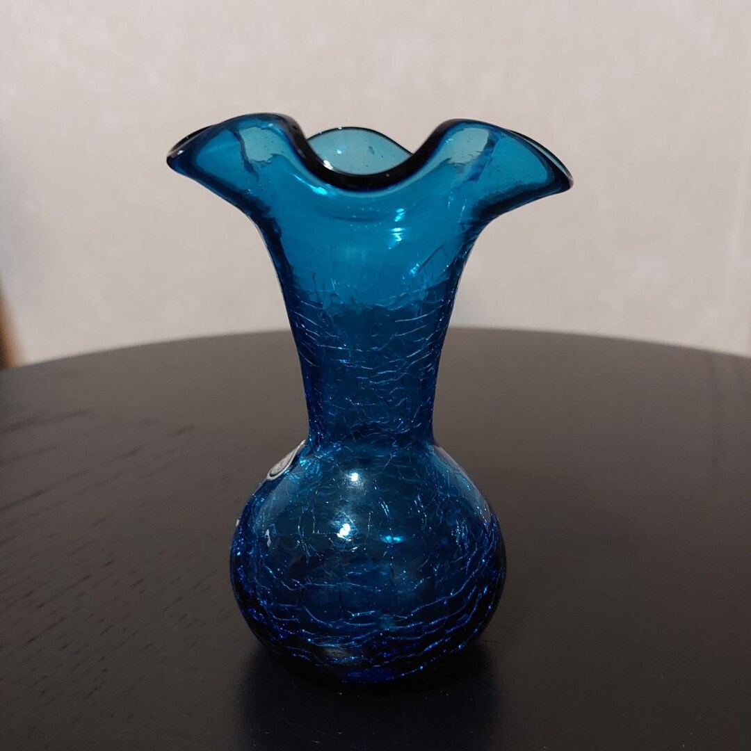 Vintage Blue Crackle Rainbow Glass Vase Mid Century Modern Etsy