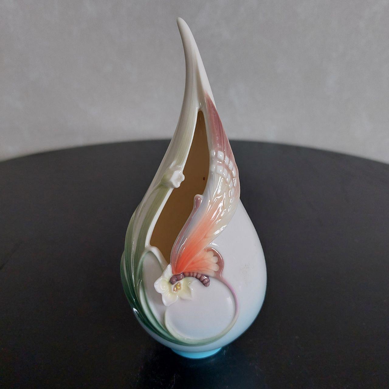 Franz Porcelain Butterfly Vase: Dimensional Floral Art, Signed