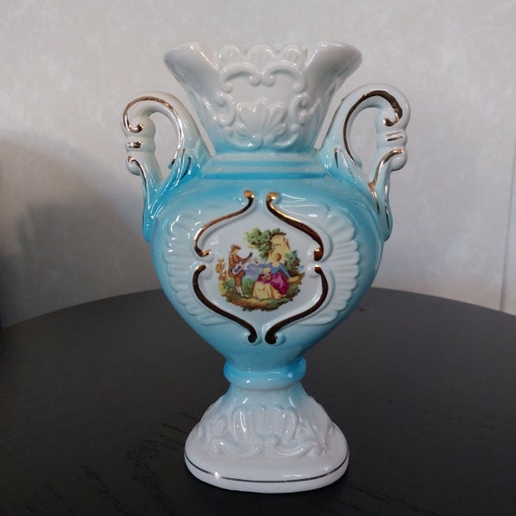 イタリア雑貨 イタリア製 磁器製 花瓶 ライトブルー 2ハンドル カントリーセレナーデ