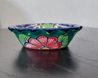 Vintage Mexican Talavera Art Pottery Handpainted Scalloped Oval Bowl Lead Free