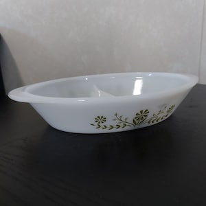 Vintage Glasbake Divided Casserole Dish, J2352 Green Crazy Daisy Milk Glass Oval Serving Dish