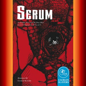 Op de afbeelding: Een rode en zwarte comicboekomslag met de titel "SERUM" en de tekst "A Zombie Survival 5E. One-Shot for 3-5 Characters of Level 2". De omslag toont een zwart-witte illustratie van een donkere, schaduwrijke tunnel.