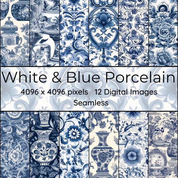 White & Blue Porcelain - Elegant Digital Art - Chinese Porcelain Inspired Designs - Instant Download
