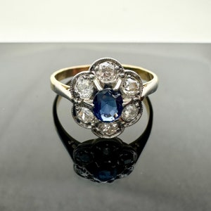 Antique Edwardian 18CT / 18K Solid Gold and Platinum Ring with Natural Sapphire and Diamonds • Size S UK / 9 US • Faded Hallmarks
