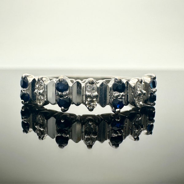 Vintage 18CT / 18K Solid White Gold Ring with Natural Sapphire and Diamond • Half Eternity Band Ring • Size N UK / 6.5 US • Hallmarked 1975