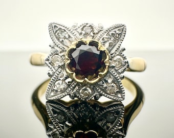 Genuine Art Deco 18CT / 18K Solid Gold and Platinum Ring with Natural Garnet and Diamonds • Size K 1/2 UK / 5 US • Fully Hallmarked