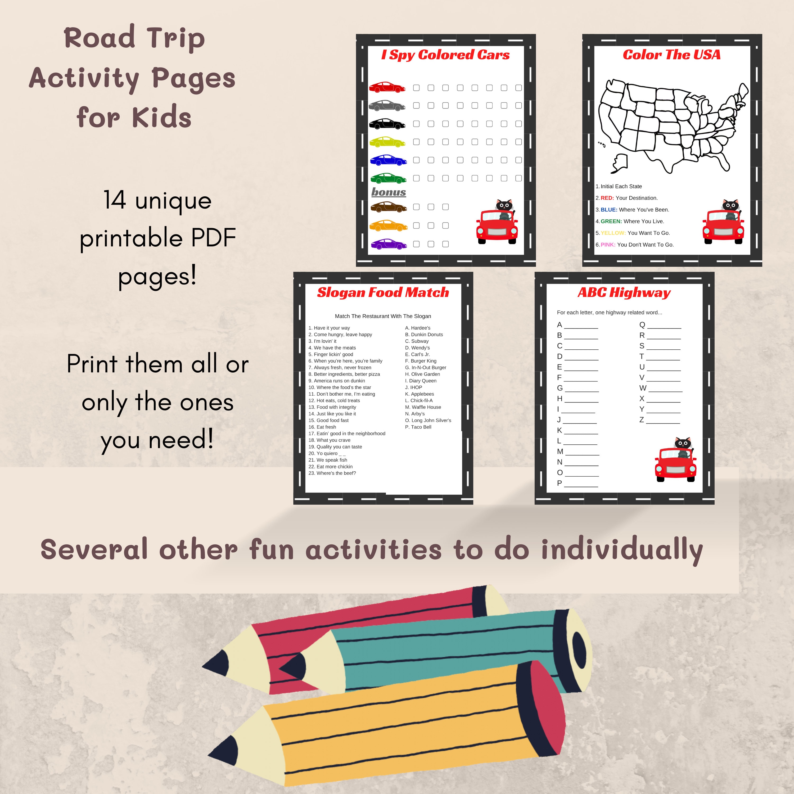 Printable Road Trip Activities for Kids Car Ride Games Travel Pages Downloadable PDF Boredom ...