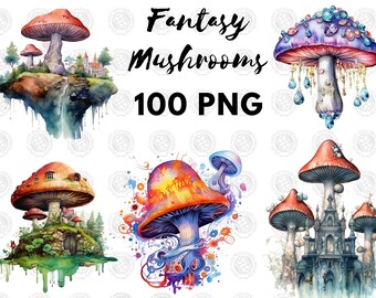 100 Watercolor Magic Fantasy Mushrooms, Clipart Bundle, Occult mushrooms, stars, planets, dreamy clipart, trippy, occult