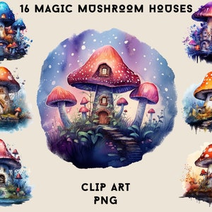 Watercolor Magical Mushroom Homes Clipart Collection - 16 PNG Images, Instant Download Fantasy Fairy Dwelling Crafts Bundle