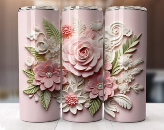 3D Pink and White Floral Design for 20oz Skinny Tumbler, Seamless Sublimation Wrap - Digital Download PNG