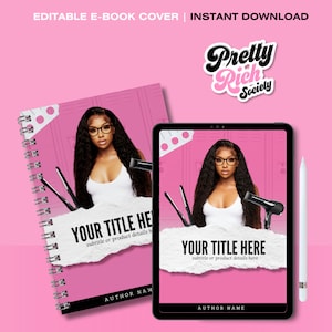 May include: Editable e-book cover template with a pink background. The cover features a woman with long hair, wearing glasses and a white shirt. The text "YOUR TITLE HERE" is written in white on a torn piece of paper. The text "subtitle or product details here" is written in smaller white text below the title. The text "AUTHOR NAME" is written in white at the bottom of the cover. The logo "Pretty Rich Society" is in the top right corner of the image.