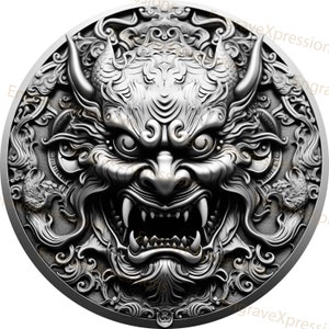 Laser Burn PNG | 3D Illusion | Engrave | Laser Ready | Lightburn File | Digital Design File | Coin Circle | Samurai Oni Mask 5
