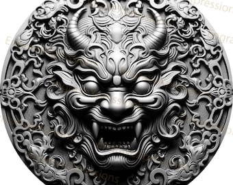 Samurai Oni Mask Laser Engrave PNG | 3D Illusion, Coin Circle (Digital File)