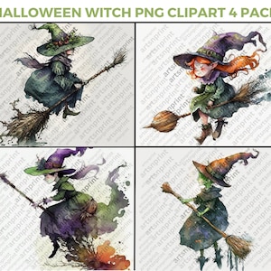 Witch Flying on Broomstick Watercolor Clipart PNG 4 Pack 300 dpi Witches scary spooky images
