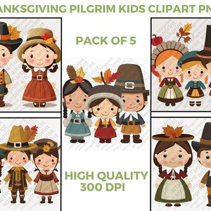 May include: A set of five digital clipart images featuring cartoon pilgrim children wearing traditional clothing. The children are smiling and have various skin tones. The images are high quality and 300 DPI.