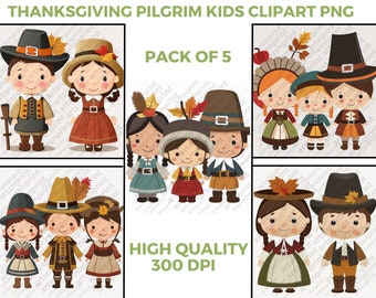 Thanksgiving Pilgrim Kids Clipart PNG 5 pack 300 dpi Realistic Children&#39;s Indian Images Clip Art
