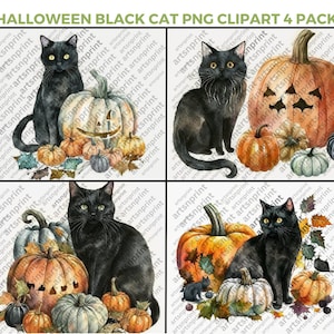 Halloween Watercolor Black Cat With Pumpkins Clipart PNG 300 dpi Pack of 4  scary spooky images