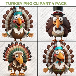 Thanksgiving Turkey Cartoon Clipart PNG 300 dpi Pack of 4 Happy Turkeys cute art images