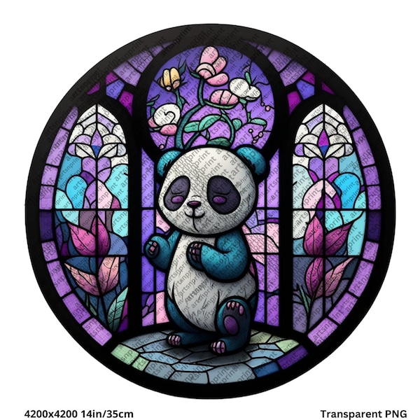 Panda PNG, sublimation design, panda wind spinner, round tumbler wrap, transparent png, panda shirt design, Stained Glass Cartoon Panda