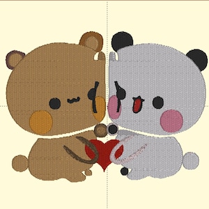 Peut inclure: Un ours brun et un panda gris tenant un cœur rouge. Les deux animaux ont de jolis visages de dessin animé avec de grands yeux et des joues roses.